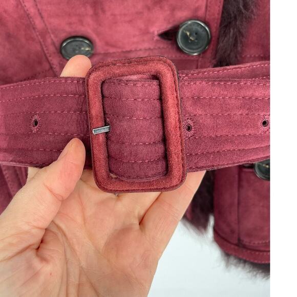 Burberry Burgundy Suede Shearling Haddingcroft Double Breasted Jacket US size 2 - Picture 8 of 16